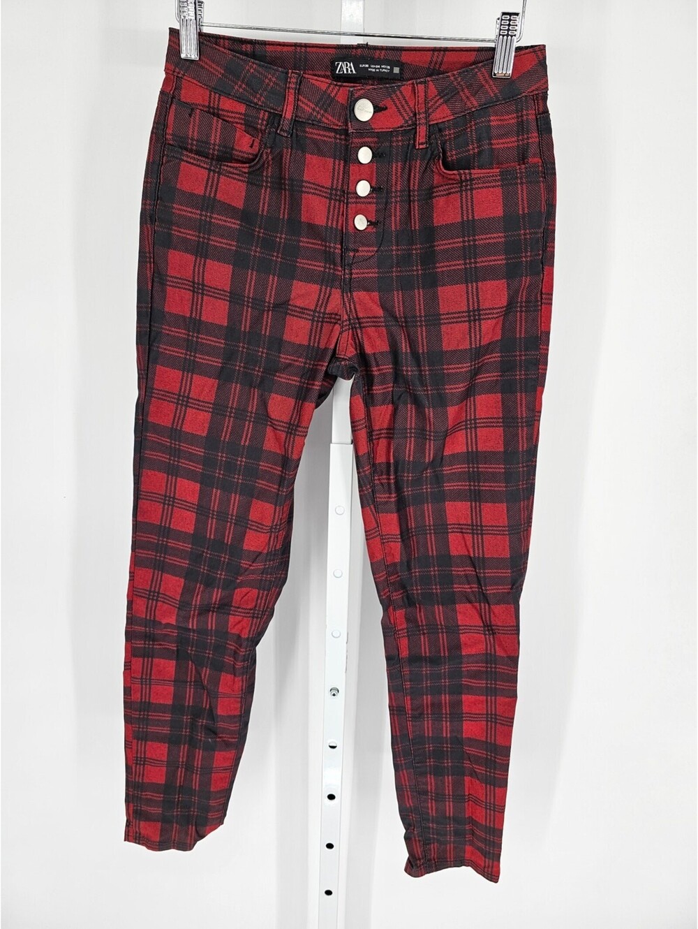 Zara Womens Sz 4 Slim Leg High Waist Pants Red Black Plaid Grunge
